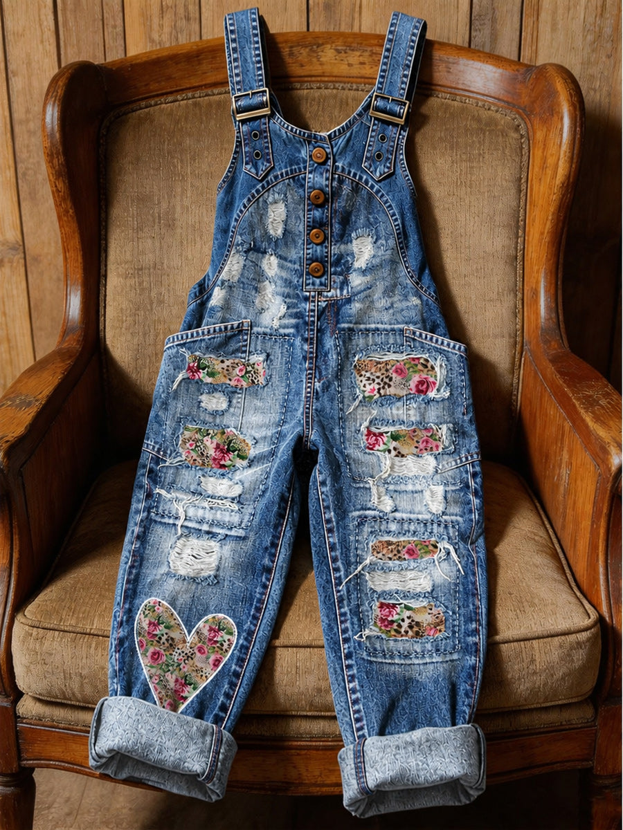 Women's Retro Style Art Print Washed Cotton Denim Patchwork Jumpsuit